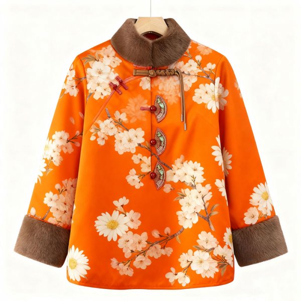 Women's Orange Floral Print Guofeng Coat - Bright Winter Warm Outerwear