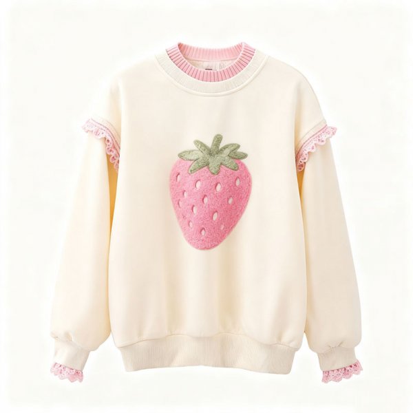 Women's Fuzzy Strawberry Patch Lace Ruffle Trim Sweatshirt