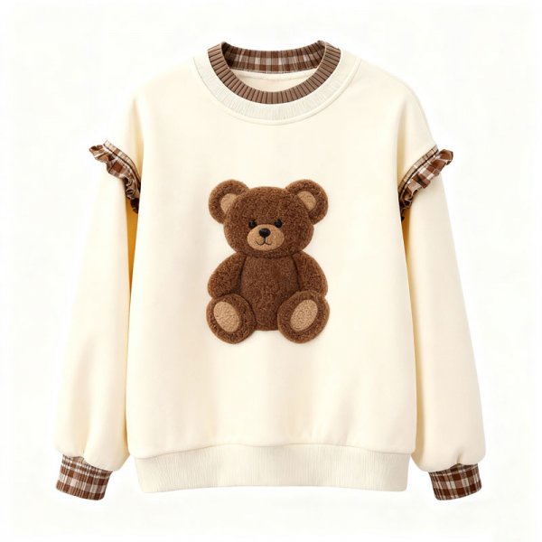 Women's Plush Teddy Bear Patch Plaid Ruffle Sweatshirt