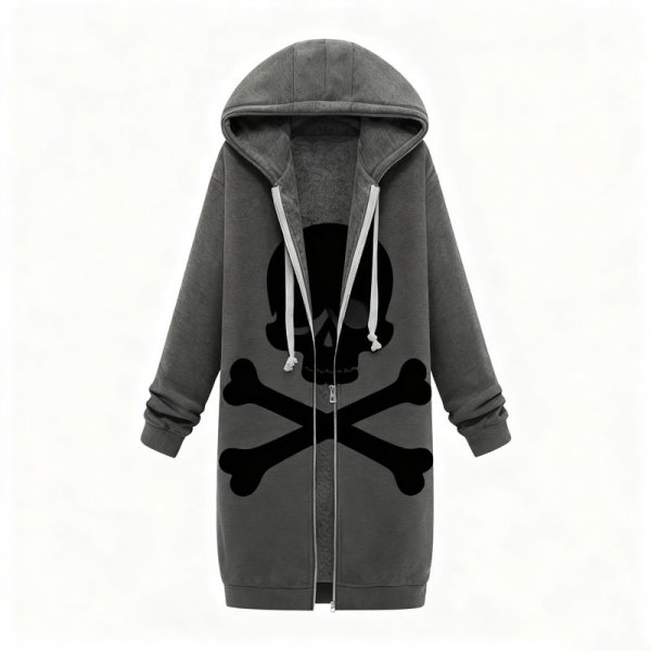 Women's Gothic Skull & Crossbones Print Long Fleece Hoodie