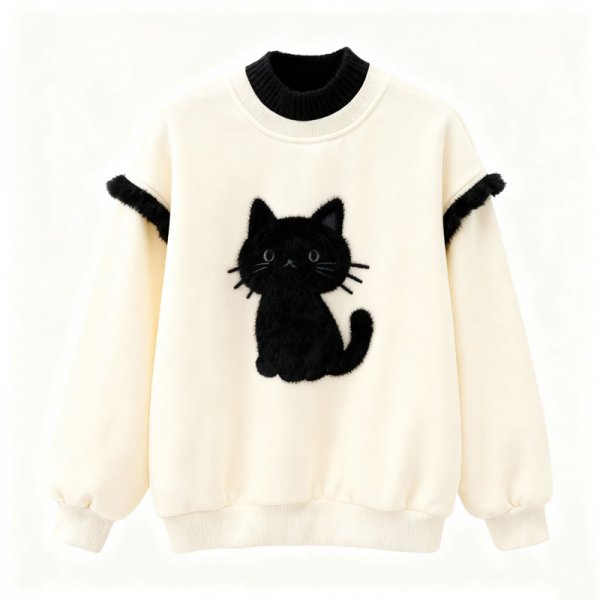 Women's Fuzzy Black Cat Patch Contrast Ruffle Sweatshirt