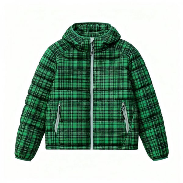 Women's Green Plaid Hooded Puffer Jacket - Casual Stylish Winter Coat