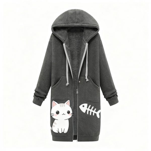 Women's Cute Cat & Fishbone Print Fleece-Lined Long Hoodie