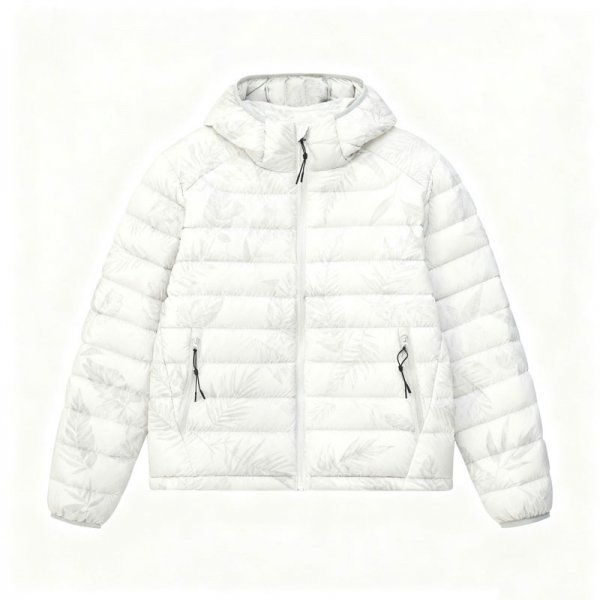 Women's White Palm Leaf Hidden Print Puffer Jacket - Minimalist Elegant Winter Coat