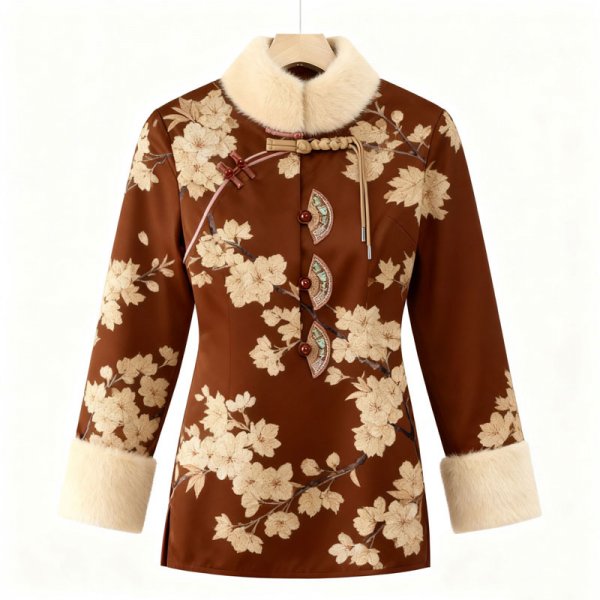 Women's Brown Guofeng Floral Print Coat - Elegant Winter Warm Outerwear