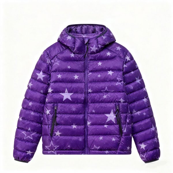 Women's Purple Star Print Hooded Puffer Jacket - Dreamy Warm Winter Coat