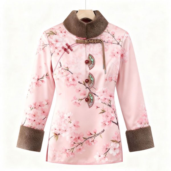 Women's Pink Cherry Blossom Print Guofeng Coat - Sweet Winter Warm Outerwear