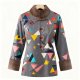 Women's Gray Geometric Print Guofeng Coat - Modern-Traditional Winter Warm Outerwear
