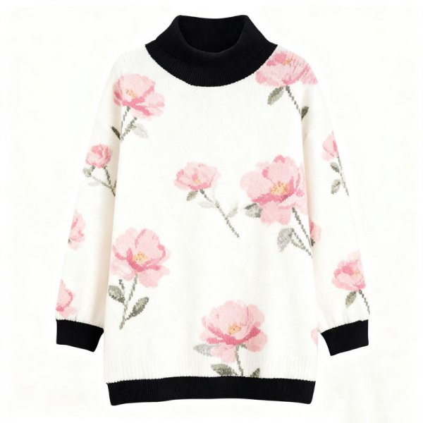 Women's White Pink Floral Turtleneck Sweater - Sweet Oversized Knit Top