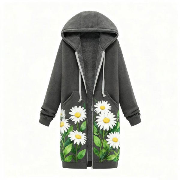 Women's Daisy Print Long Fleece Hoodie