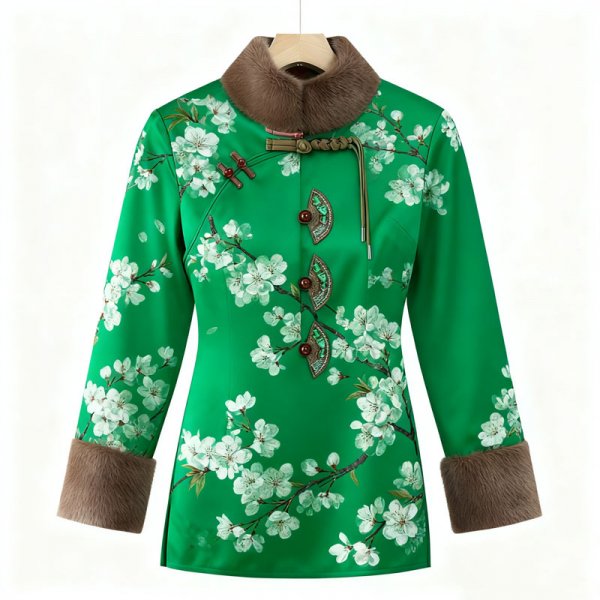 Women's Green Chinese Style Floral Print Coat with Fur Collar - Elegant Winter Warm Outerwear