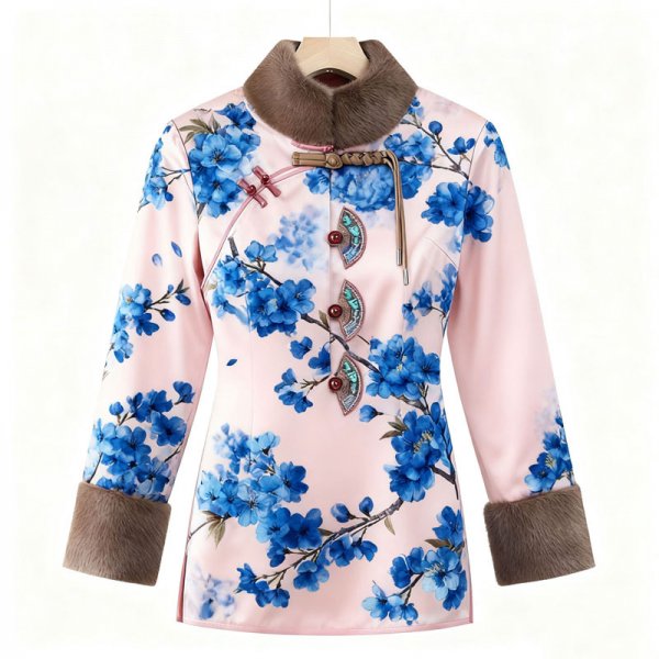 Women's Pink & Blue Floral Print Guofeng Coat - Soft Fur Collar Winter Warm Outerwear