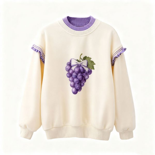 Women's Purple Grape Bow Print Contrast Neck Sweatshirt