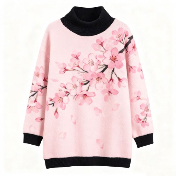 Women's Pink Cherry Blossom Turtleneck Sweater - Gentle Oversized Knit Top