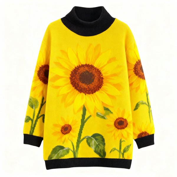 Women's Yellow Sunflower Turtleneck Sweater - Vibrant Oversized Knit Top