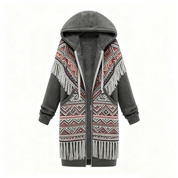 Women's Bohemian Tribal Print Fringe Trim Long Fleece Hoodie