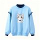 Women's Pastel Blue Big-Eyed Kitten Print Contrast Trim Sweatshirt