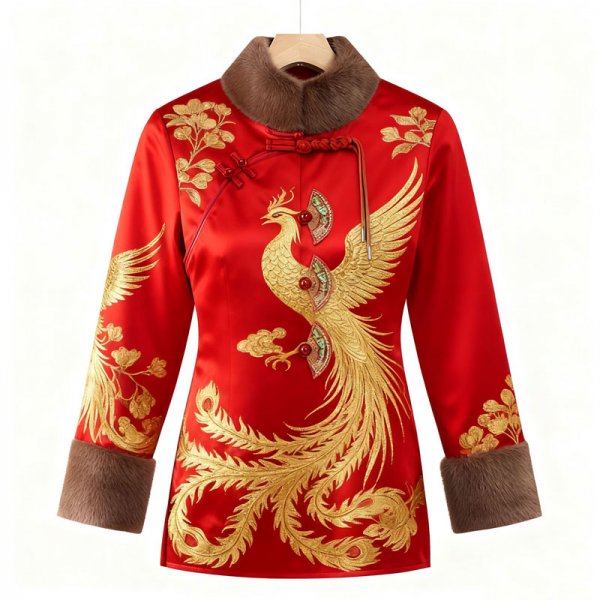 Women's Red Golden Phoenix Embroidery Guofeng Coat - Festive Winter Warm Outerwear