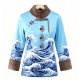 Women's Light Blue Wave Print Guofeng Coat - Blue-and-White Style Winter Warm Outerwear