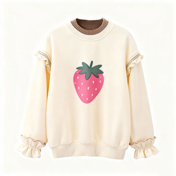 Women's Cute Strawberry Print Ruffle Trim Casual Sweatshirt