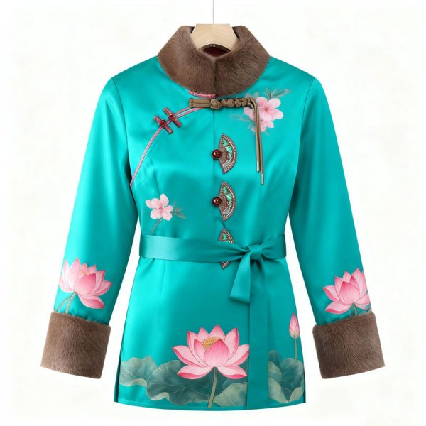 Women's Turquoise Lotus Print Guofeng Coat - Belted Slim-Fit Winter Warm Outerwear