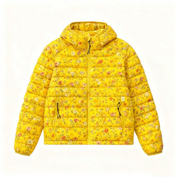 Women's Yellow Floral Print Hooded Puffer Jacket - Sweet Fresh Winter Coat
