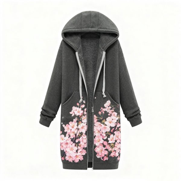 Women's Romantic Cherry Blossom Print Long Fleece Hoodie