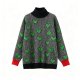 Women's Gray Green Heart Leaf Print Turtleneck Sweater - Red Cuff Accent Oversized Knit Top