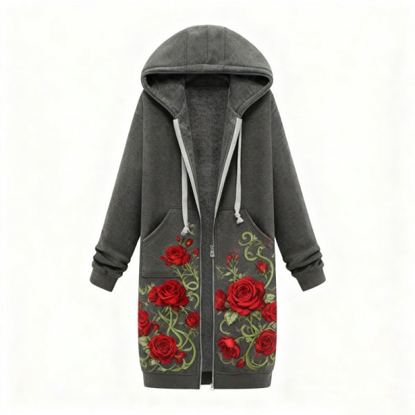 Women's Elegant Red Rose Vine Print Long Fleece Hoodie