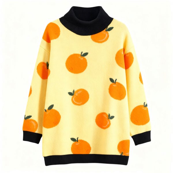 Women's Yellow Orange Print Turtleneck Sweater - Cute Oversized Knit Top