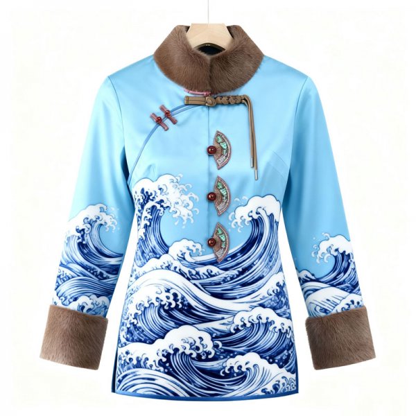 Women's Light Blue Wave Print Guofeng Coat - Blue-and-White Style Winter Warm Outerwear