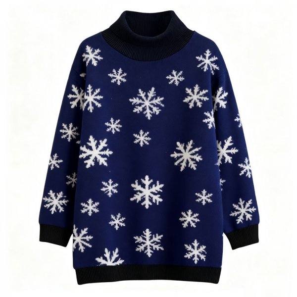 Women's Navy Blue Snowflake Turtleneck Sweater - Winter Cozy Knit Top