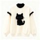 Women's Fuzzy Black Cat Patch Contrast Ruffle Sweatshirt