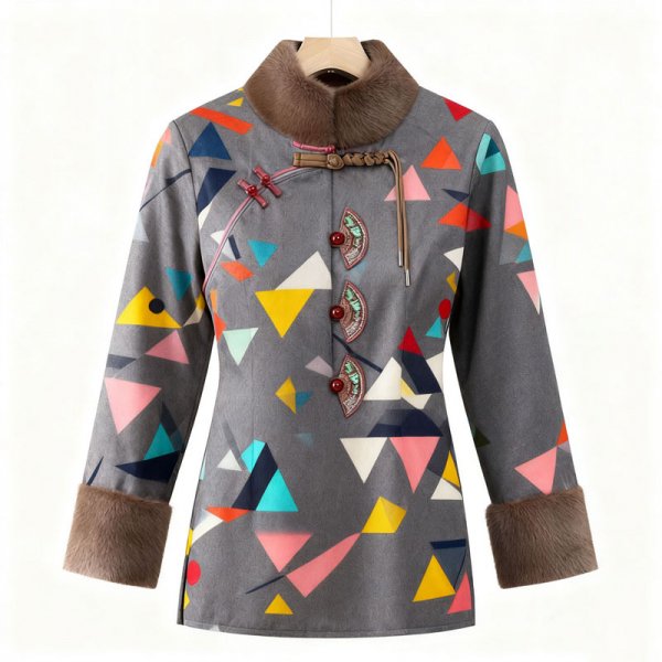 Women's Gray Geometric Print Guofeng Coat - Modern-Traditional Winter Warm Outerwear