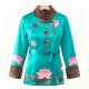 Women's Turquoise Lotus Print Guofeng Coat - Belted Slim-Fit Winter Warm Outerwear