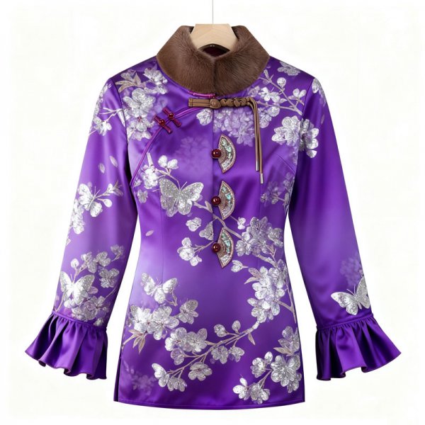 Women's Purple Silver Floral & Butterfly Print Guofeng Coat - Ruffled Sleeve Winter Warm Outerwear