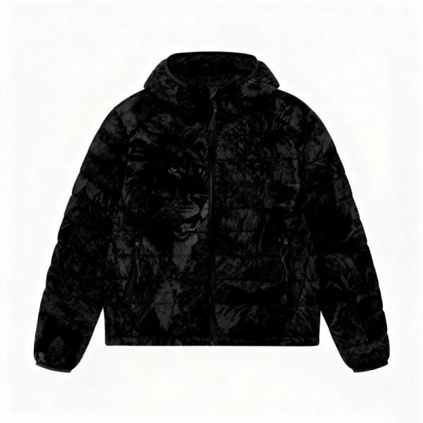 Women's Black Lion Print Hooded Puffer Jacket - Edgy Trendy Winter Coat